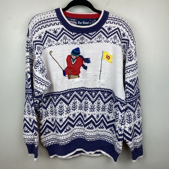 Par four sweater Mens L white knit golfer snow embroidered argyle VTG - Picture 1 of 11